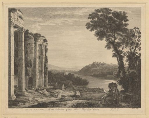 Landscape with wide river and man drawing a ruin