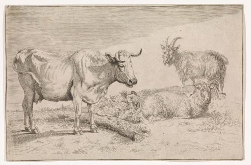 Landscape with cow with twisted horn, ram and goat