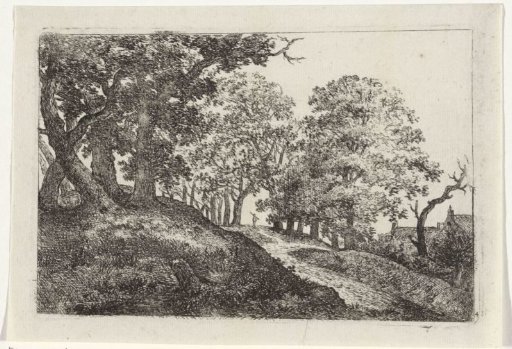 Landscape with a traveler on a road near two houses