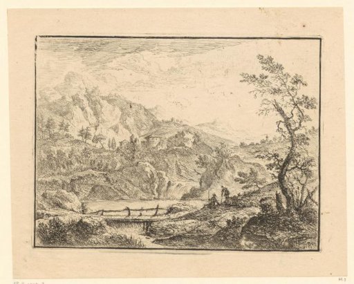 Mountainous Landscape with a Bridge over a Waterfall in the Foreground