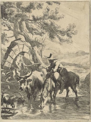 Shepherd and laden boy by a stream