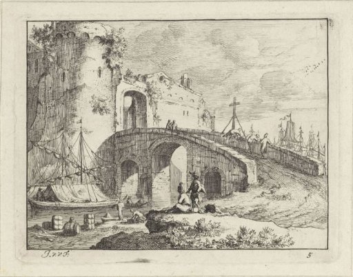 View of a harbour town, E
