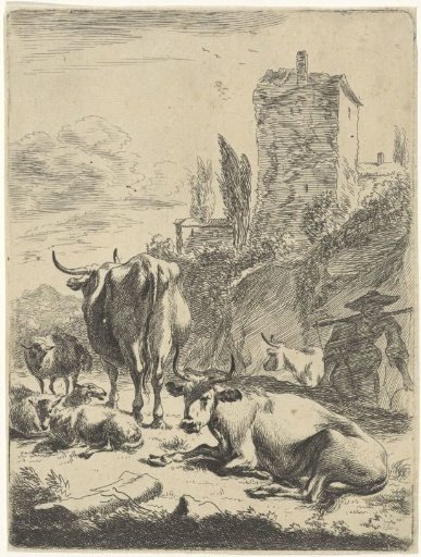 Herd in the landscape with a tower