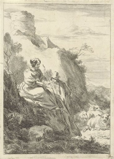 Shepherdess sitting and shepherd standing on a hill