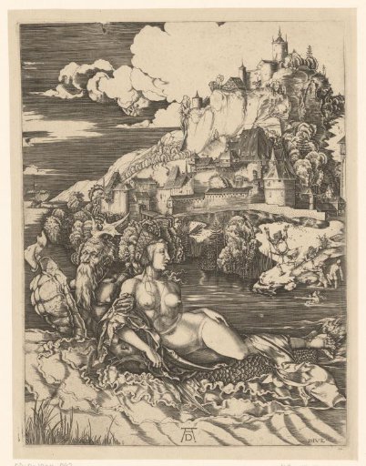 Horned merman dragging a woman into the sea
