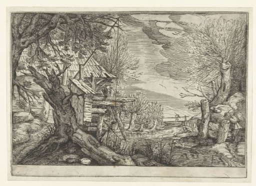 Landscape with a log cabin by a river