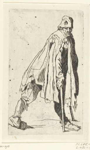 Beggar with crutches, seen from the right