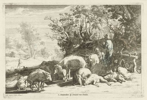 Swineherd with a herd of pigs