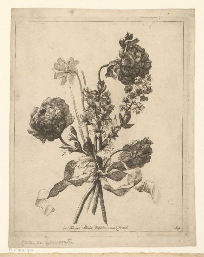 Three peonies with a narcissus in a bouquet
