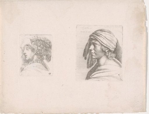 Two male busts in profile to the left