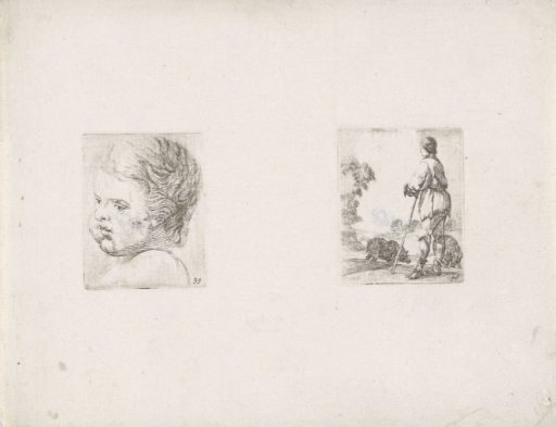 Child's head and peasant with two pigs