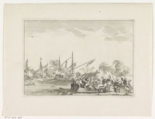 Naval battle with galleys and two skiffs