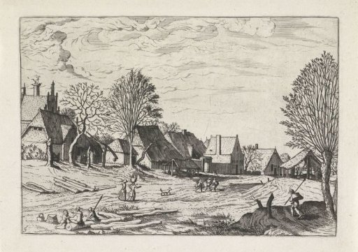 Village Street with a Resting Couple on a Tree Trunk