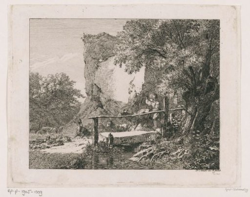Child driving three goats over a bridge in a mountain landscape
