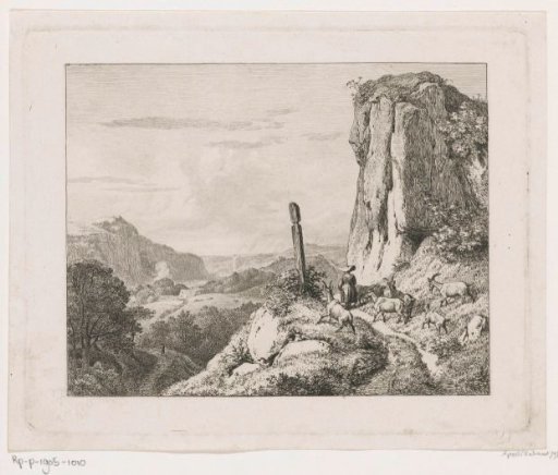 Woman with six goats in a mountain landscape