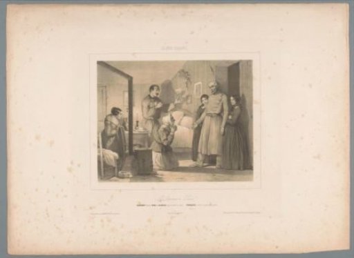 Dagobert enters with the orphan girls Rose and Blanche