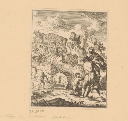 Peasants working the land next to the ruins