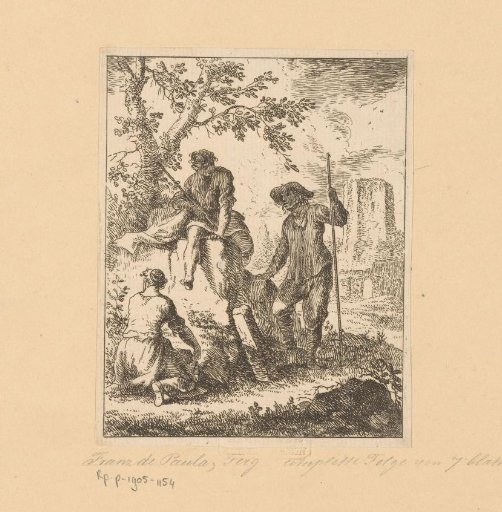 Three shepherds resting in a landscape with ruins