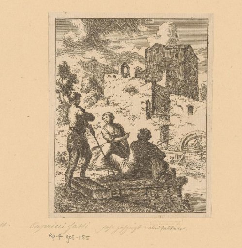 Three shepherds resting in a landscape with ruins