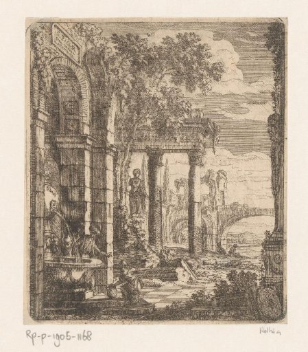 Landscape with ancient ruins and figures by a fountain