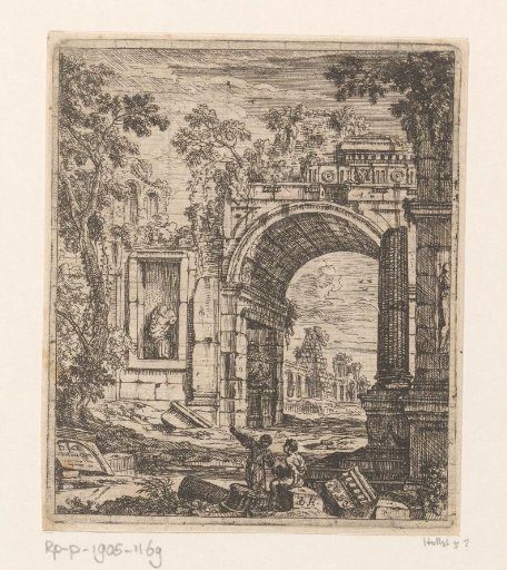 Two figures before the ruin of a triumphal arch