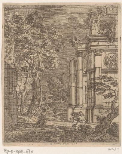 Landscape with three figures by ancient ruins