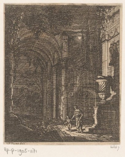 Two figures illuminating ancient ruins with a torch
