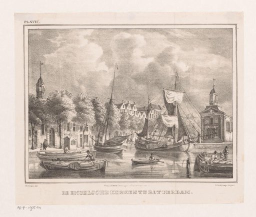 Boats on the water in front of St. Mary's Church in Rotterdam