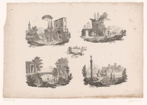 Four views of buildings and ruins in a landscape