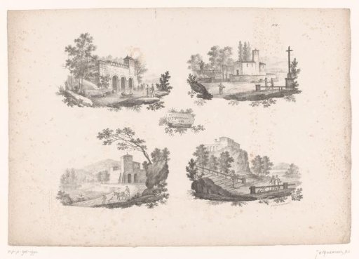 Four views of buildings in a landscape
