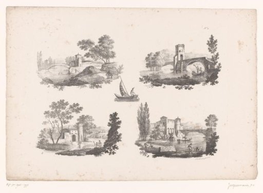 Four views of bridges and buildings in a landscape