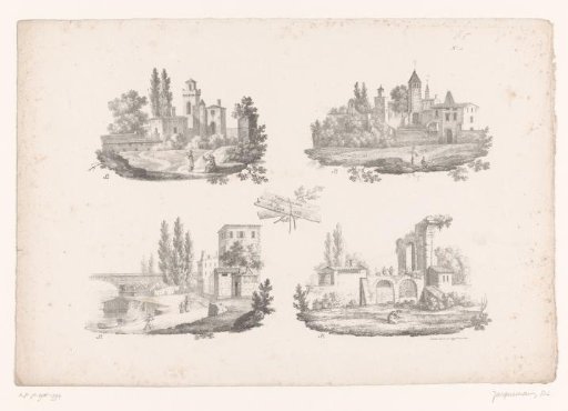 Four views of city gates, buildings and ruins in a landscape