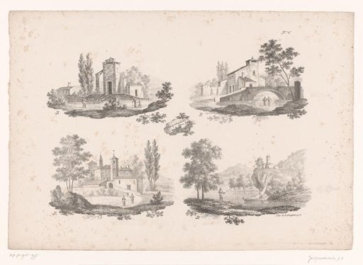 Four views of city gates, bridges and towers in a landscape