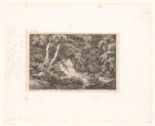 Wooded landscape with a walking woman and child