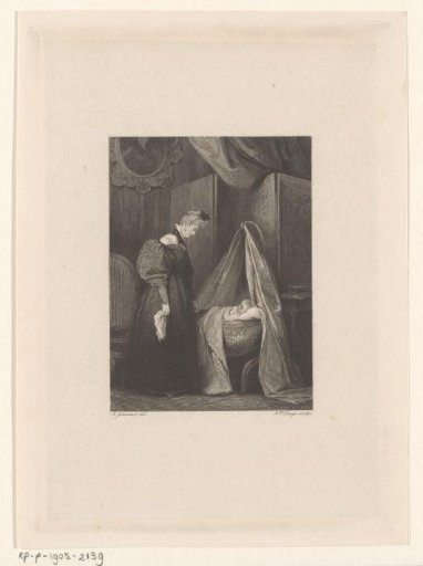 Woman looking at a child in a cradle