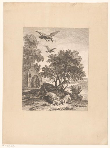 Two hunting dogs with a hare at a watermill