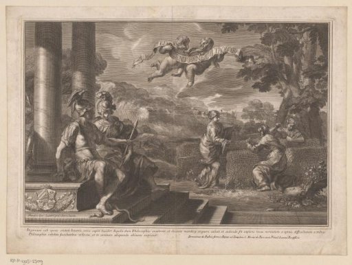 Seated personifications of Genius and Philosophy with nymphs planting roses