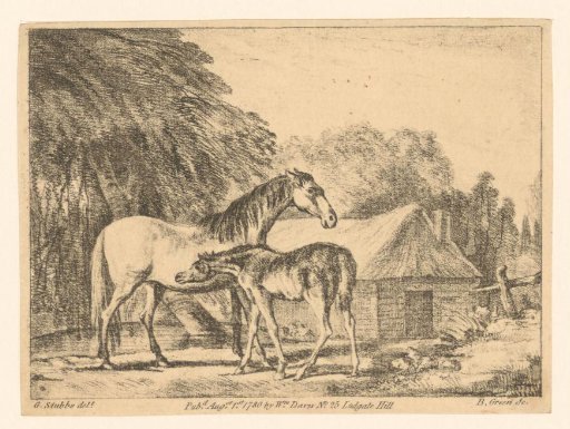 Mare with Foal by a Barn