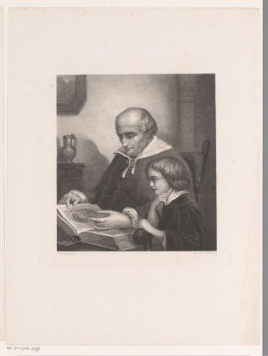 Man and Boy Looking at Prints in a Book