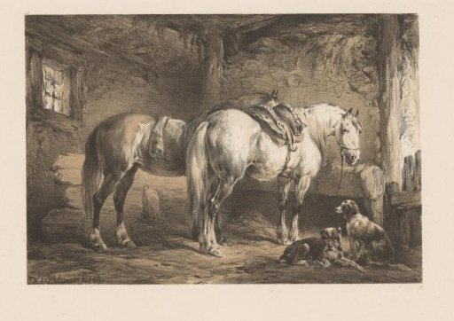 Two Horses and Dogs in a Stable