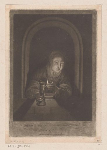 Young woman with a burning lamp in the window
