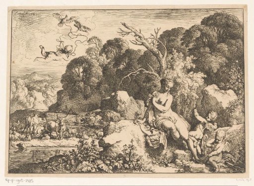 Venus seated on a rock, accompanied by three putti