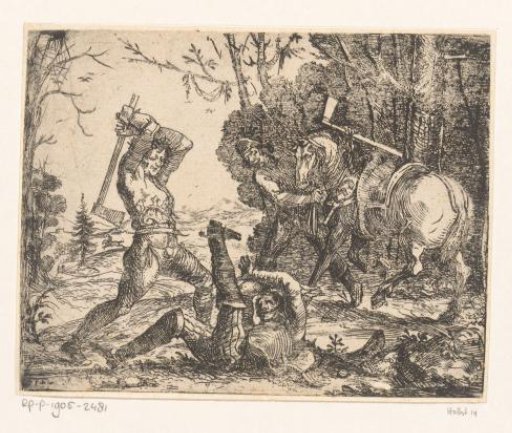 Two robbers attack a rider with axes