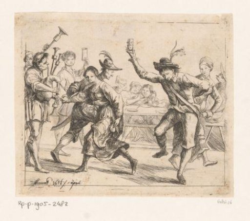 Dancing soldiers and women in an inn