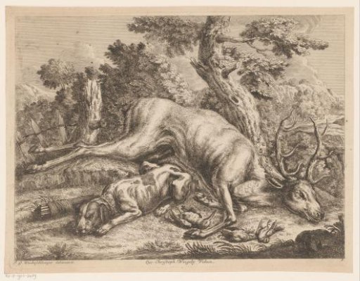 Hunting dog and game with deer and birds