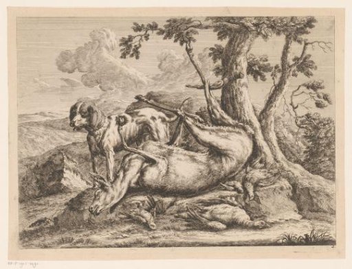 Standing hunting dog and game with deer and birds