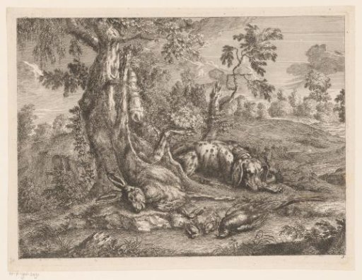 Hunting dog and game with hare and birds