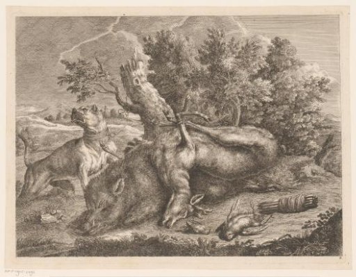Hunting dog and game with boar, deer and birds