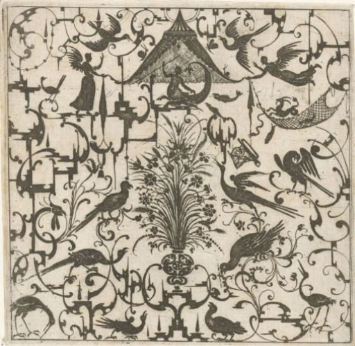 Scrollwork with Birds and a Vase with Flowers in the Center