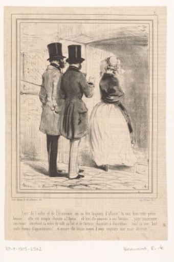 Two gentlemen gossiping about a singer at the entrance of the Opéra de Paris